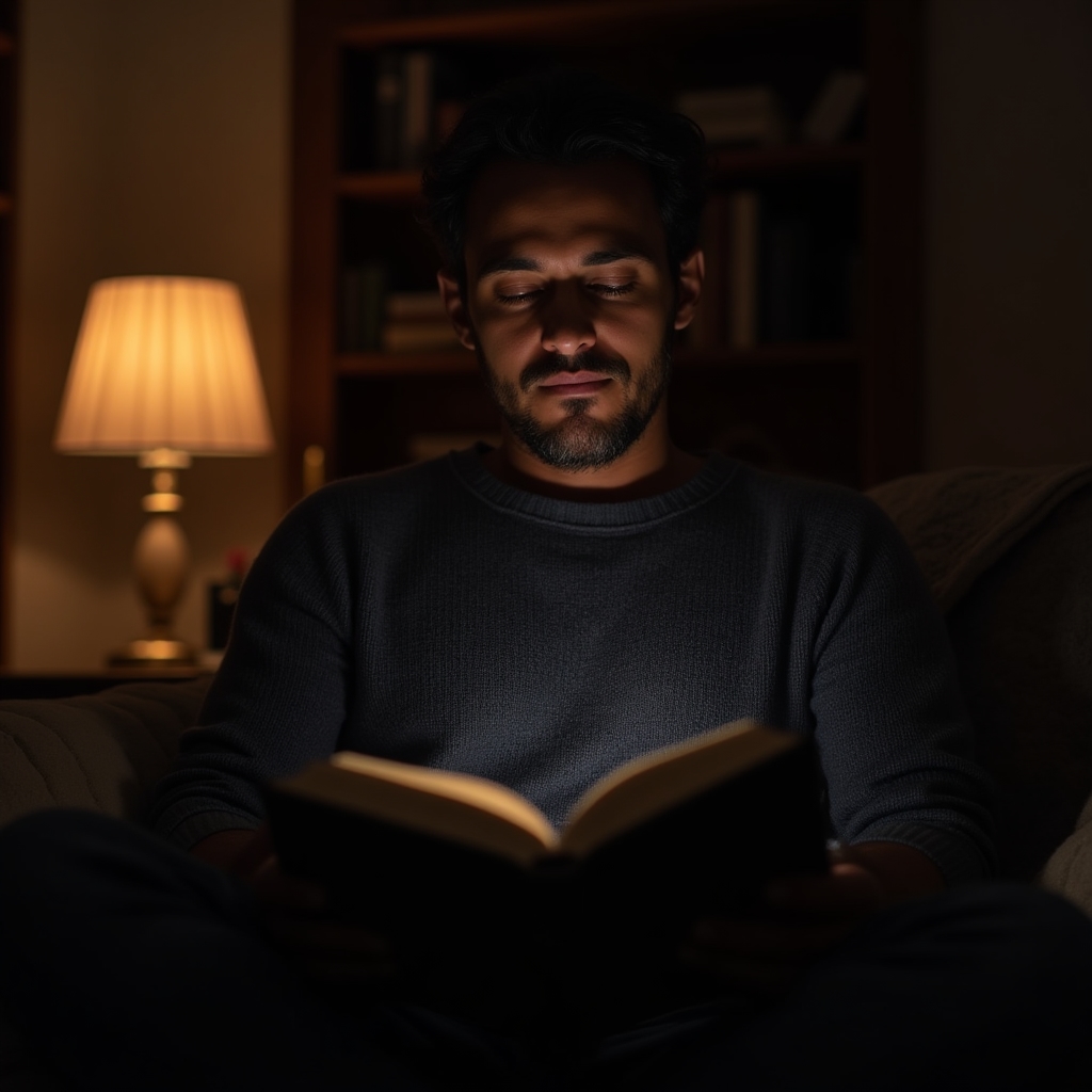Person reading calmly in dim evening light as part of a wind-down routine