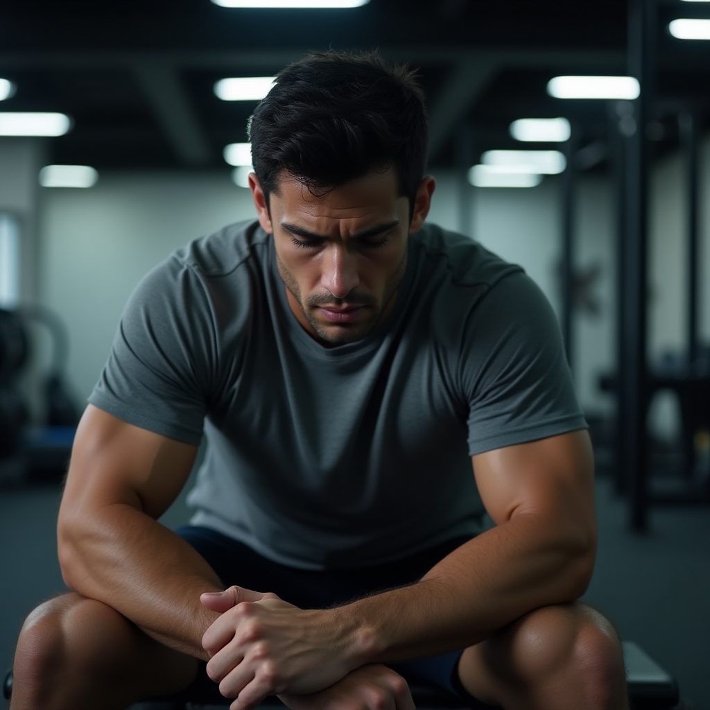 Tired individual sitting on a gym bench, taking a pause during training