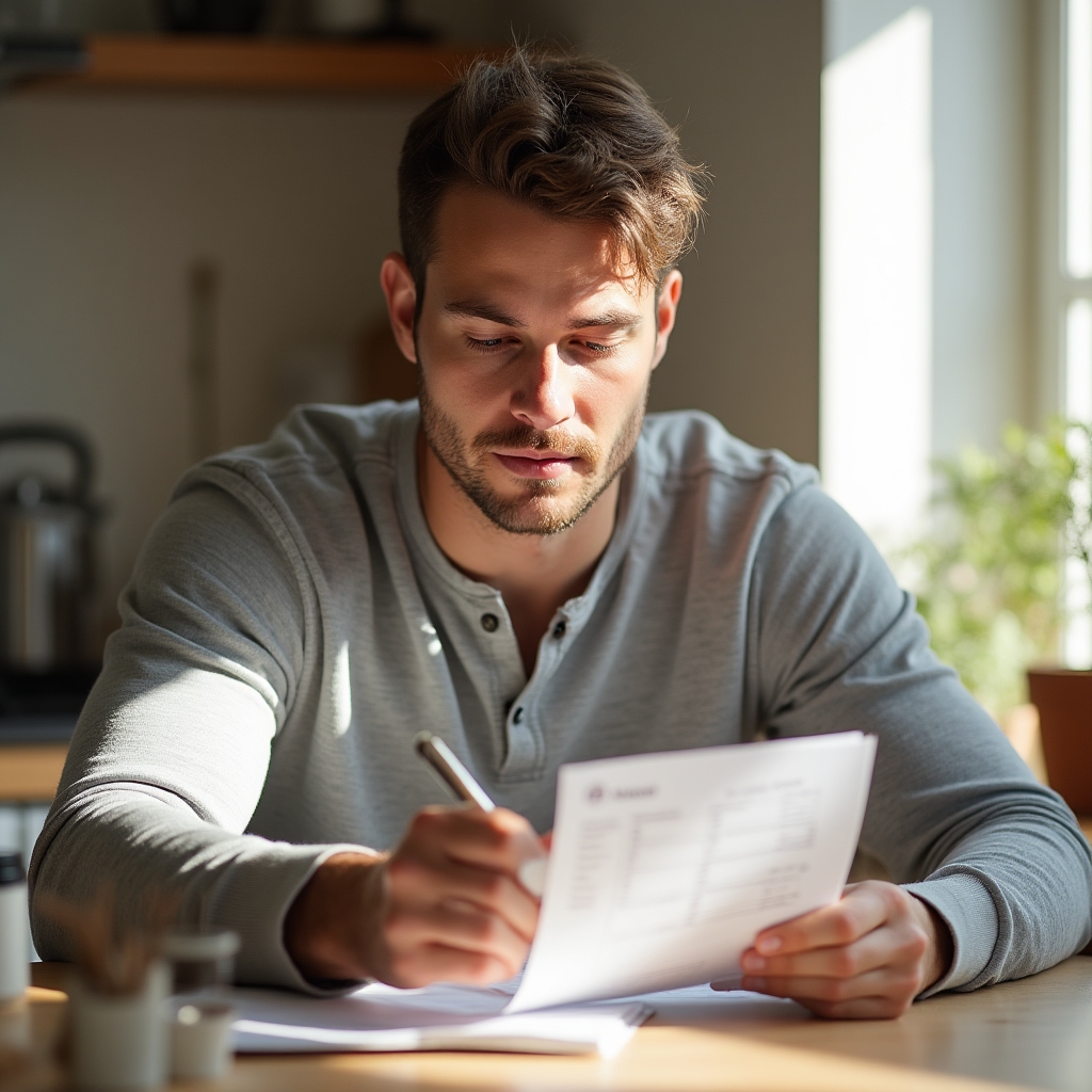 Person reviewing a printed recovery checklist while seated in a bright, calm room