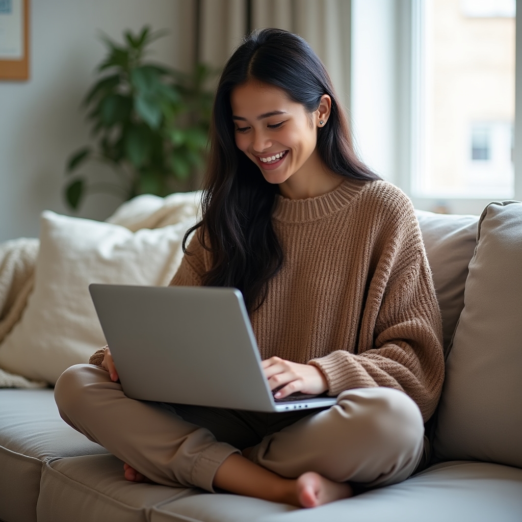 Person reviewing an online wellness course on a laptop in a relaxed home setting