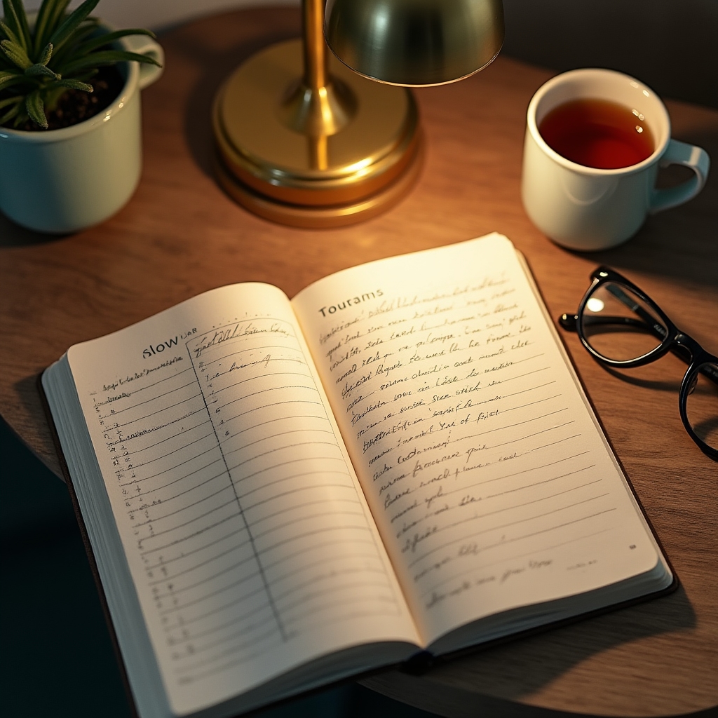 Journal and warm lamp light used for tracking a sleep cycle routine