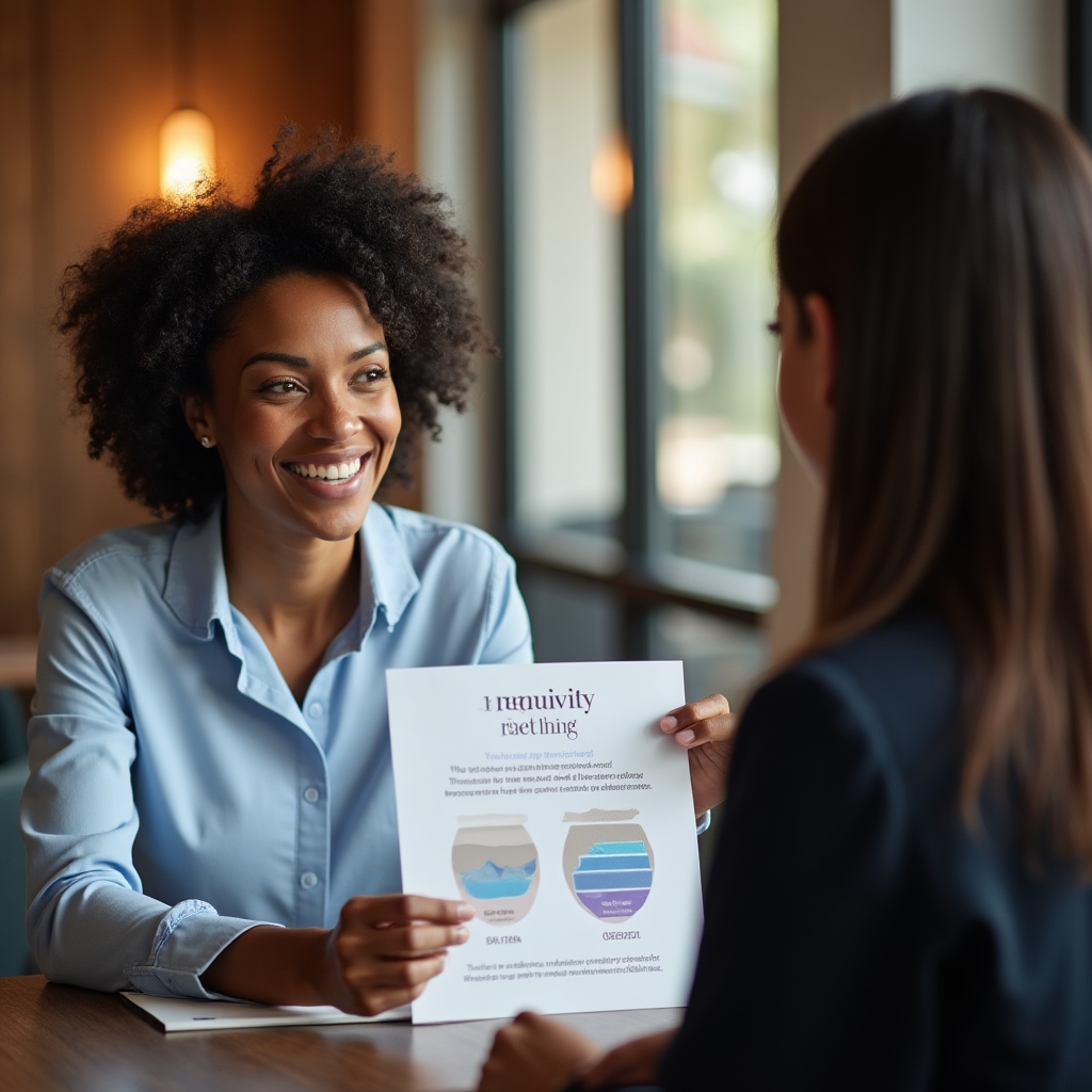 Wellness coach explaining a recovery chart to a client in a calm office